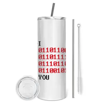I .... YOU, binary secret MSG, Tumbler ποτήρι θερμό από ανοξείδωτο ατσάλι 600ml, με μεταλλικό καλαμάκι & βούρτσα καθαρισμού