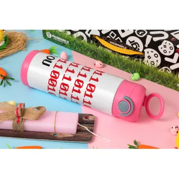 I .... YOU, binary secret MSG, Easter candle, Childrens hot water bottle, stainless steel, with safety straw, PINK (500ml)
