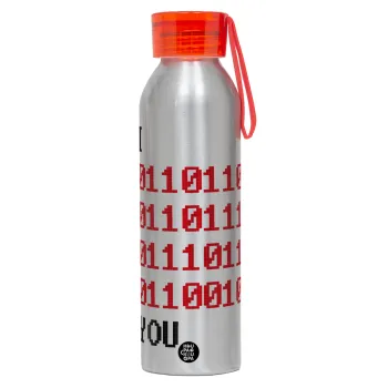 I .... YOU, binary secret MSG, Aluminum Sports Bottle 650ml – Silver with Red Cap and Silicone Strap