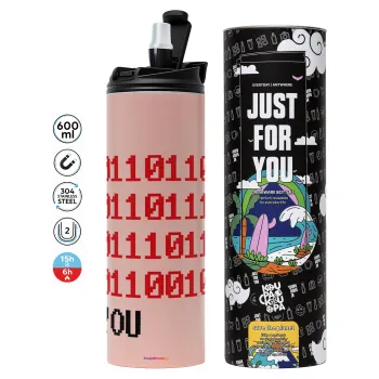 I .... YOU, binary secret MSG, Tumbler stainless steel PINK 600ml