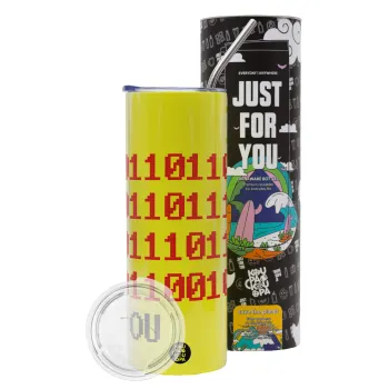 I .... YOU, binary secret MSG, Neon Yellow Travel Tumbler θερμό, μεταλλικό καλαμάκι(Ανωξείδωτο 304 Food grade, BPA free, 600ml)