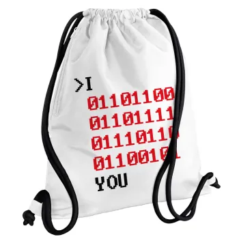 I .... YOU, binary secret MSG, Backpack pouch GYMBAG white, with pocket (40x48cm) & thick cords