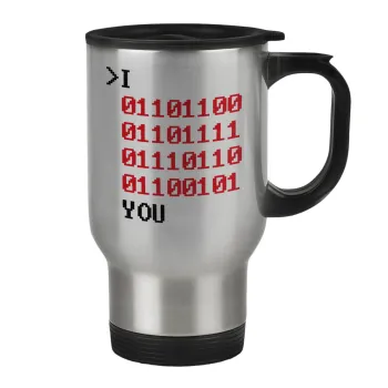 I .... YOU, binary secret MSG, Stainless steel travel mug with lid, double wall 450ml