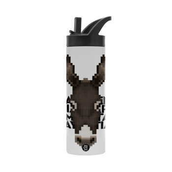 Είμαι ένας γάιδαρος με μεγάλα αυτιά., Metallic thermos bottle with straw & handle, stainless steel (Stainless steel 304), double-walled, 600ml.