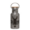 Stainless steel metallic thermos flask, silver with a bamboo lid, double-walled, 350ml.