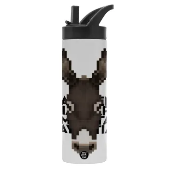 Είμαι ένας γάιδαρος με μεγάλα αυτιά., Μεταλλικό παγούρι θερμός με καλαμάκι & χειρολαβή, ανοξείδωτο ατσάλι (Stainless steel 304), διπλού τοιχώματος, 600ml