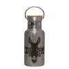 Stainless steel metallic thermos flask, silver with a bamboo lid, double-walled, 350ml.