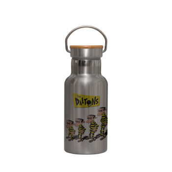 The Daltons, Stainless steel metallic thermos flask, silver with a bamboo lid, double-walled, 350ml.