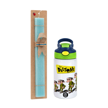 The Daltons, Easter Set, Children's thermal stainless steel bottle with safety straw, green/blue (350ml) & aromatic flat Easter candle (30cm) (TURQUOISE)