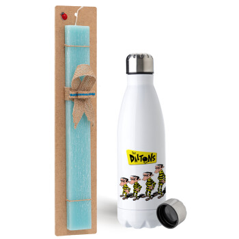 The Daltons, Easter Set, metallic stainless steel water bottle (750ml) & aromatic flat Easter candle (30cm) (TURQUOISE)