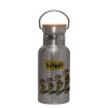 Stainless steel metallic thermos flask, silver with a bamboo lid, double-walled, 350ml.