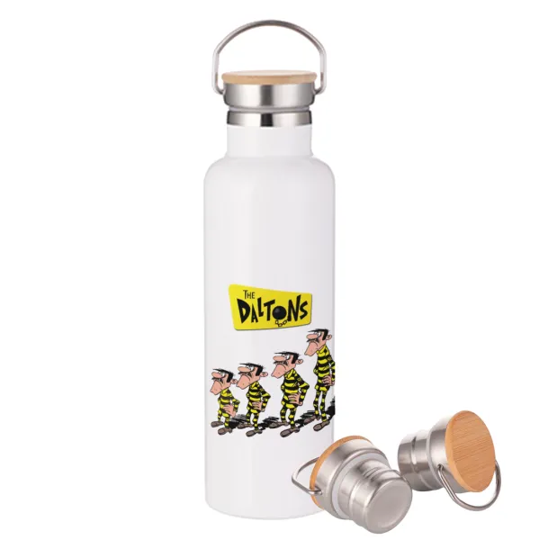 The Daltons — Μεταλλικό παγούρι θερμός (Stainless steel) Λευκό με ξύλινο καπάκι (bamboo), διπλού τοιχώματος, 750ml