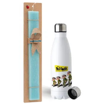 The Daltons, Easter Set, metallic stainless steel water bottle (750ml) & aromatic flat Easter candle (30cm) (TURQUOISE)