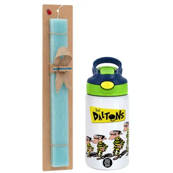 The Daltons, Easter Set, Children's thermal stainless steel bottle with safety straw, green/blue (350ml) & aromatic flat Easter candle (30cm) (TURQUOISE)