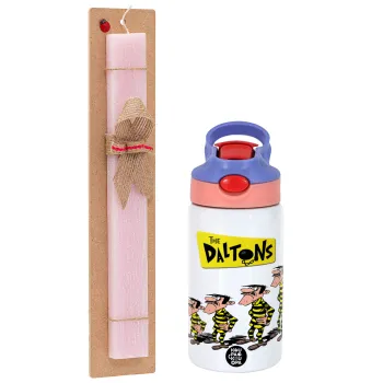 The Daltons, Easter Set, Children's thermal stainless steel water bottle with safety straw, pink/purple (350ml) & Easter scented flat candle (30cm) (PINK)