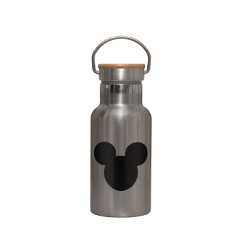 mouse man, Stainless steel metallic thermos flask, silver with a bamboo lid, double-walled, 350ml.