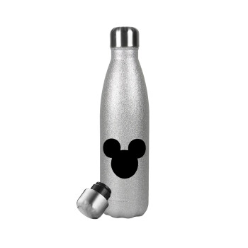 mouse man, Μεταλλικό παγούρι θερμός Glitter Aσημένιο (Stainless steel), διπλού τοιχώματος, 500ml
