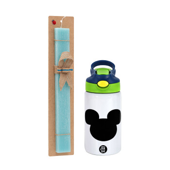 mouse man, Easter Set, Children's thermal stainless steel bottle with safety straw, green/blue (350ml) & aromatic flat Easter candle (30cm) (TURQUOISE)