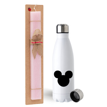 mouse man, Easter Set, metallic stainless steel water bottle (750ml) & scented flat Easter candle (30cm) (PINK)