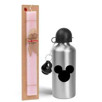 mouse man, Easter Set, metallic Silver aluminum water bottle (500ml) & scented flat Easter candle (30cm) (PINK)