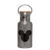Stainless steel metallic thermos flask, silver with a bamboo lid, double-walled, 350ml.