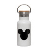 Metallic thermos (Stainless steel) White with wooden lid (bamboo), double-walled, 350ml