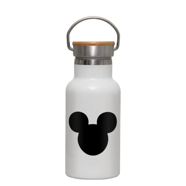 mouse man — Metallic thermos (Stainless steel) White with wooden lid (bamboo), double-walled, 350ml