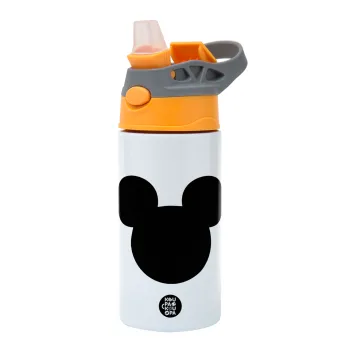 mouse man, Children's hot water bottle, stainless steel, with safety straw, Orange/Grey (360ml) BPA-FREE