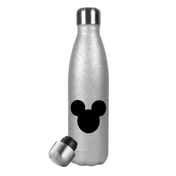 mouse man, Μεταλλικό παγούρι θερμός Glitter Aσημένιο (Stainless steel), διπλού τοιχώματος, 500ml
