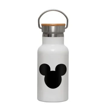 mouse man, Metallic thermos (Stainless steel) White with wooden lid (bamboo), double-walled, 350ml