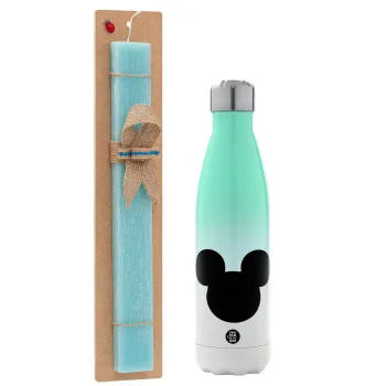 mouse man, Easter Set, Metallic green/white thermos (Stainless steel), double-walled, 500ml & scented flat Easter candle (30cm) (TURQUOISE)