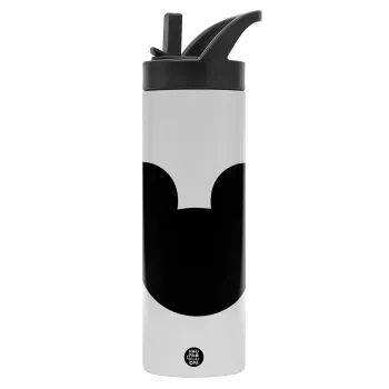 mouse man, Metallic thermos bottle with straw & handle, stainless steel (Stainless steel 304), double-walled, 600ml.