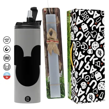 mouse man, Πασχαλινή Λαμπάδα με Travel Tumbler θερμό (600ml, BPA free) & κερί αρωματικό πλακέ (30cm) (ΓΚΡΙ)