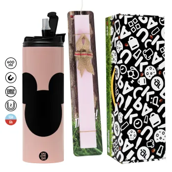 mouse man, Πασχαλινή Λαμπάδα με  ΡΟΖ Travel Tumbler θερμό (600ml, BPA free) & κερί αρωματικό πλακέ (30cm) (ΡΟΖ)
