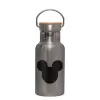 Stainless steel metallic thermos flask, silver with a bamboo lid, double-walled, 350ml.