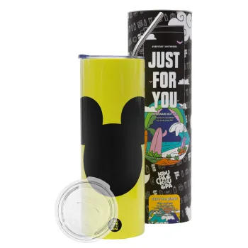 mouse man, Neon Yellow Travel Tumbler θερμό, μεταλλικό καλαμάκι(Ανωξείδωτο 304 Food grade, BPA free, 600ml)