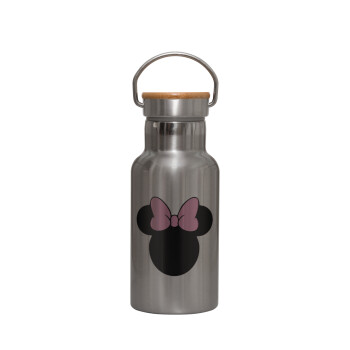 mouse girl, Stainless steel metallic thermos flask, silver with a bamboo lid, double-walled, 350ml.