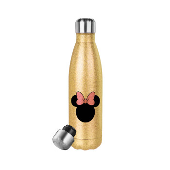 mouse girl, Μεταλλικό παγούρι θερμός Glitter χρυσό (Stainless steel), διπλού τοιχώματος, 500ml