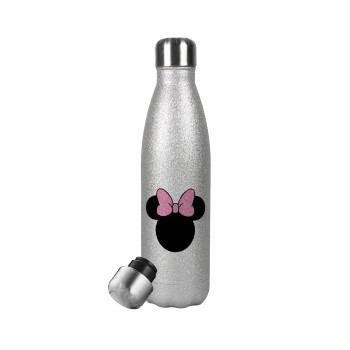 mouse girl, Μεταλλικό παγούρι θερμός Glitter Aσημένιο (Stainless steel), διπλού τοιχώματος, 500ml