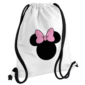 mouse girl, Τσάντα πλάτης πουγκί GYMBAG λευκή, με τσέπη (40x48cm) & χονδρά κορδόνια