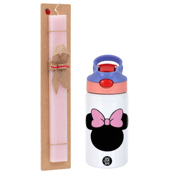 mouse girl, Πασχαλινό Σετ, Παιδικό παγούρι θερμό, ανοξείδωτο, με καλαμάκι ασφαλείας, ροζ/μωβ (350ml) & πασχαλινή λαμπάδα αρωματική πλακέ (30cm) (ΡΟΖ)