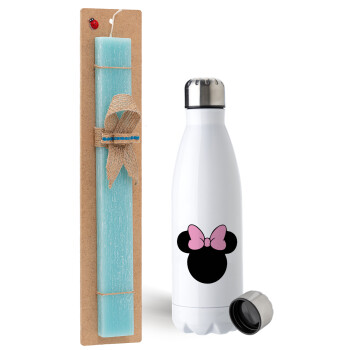 mouse girl, Easter Set, metallic stainless steel water bottle (750ml) & aromatic flat Easter candle (30cm) (TURQUOISE)