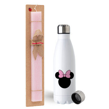 mouse girl, Easter Set, metallic stainless steel water bottle (750ml) & scented flat Easter candle (30cm) (PINK)