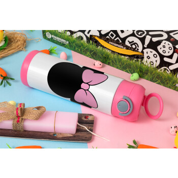 mouse girl, Πασχαλινή Λαμπάδα με Παιδικό παγούρι θερμό, ανοξείδωτο, με καλαμάκι ασφαλείας, ΡΟΖ (500ml)