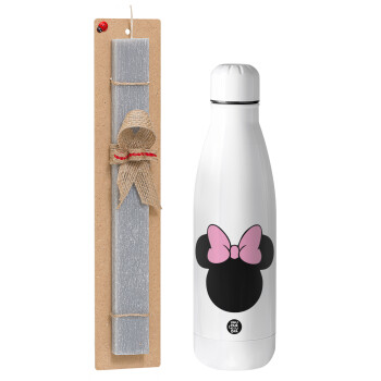 mouse girl, Πασχαλινό Σετ, μεταλλικό παγούρι Inox (700ml) & πασχαλινή λαμπάδα αρωματική πλακέ (30cm) (ΓΚΡΙ)