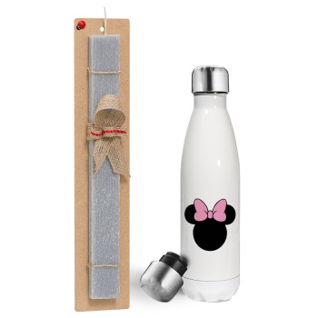mouse girl, Πασχαλινή λαμπάδα, μεταλλικό παγούρι θερμός λευκός (500ml) & λαμπάδα αρωματική πλακέ (30cm) (ΓΚΡΙ)