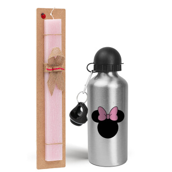mouse girl, Easter Set, metallic Silver aluminum water bottle (500ml) & scented flat Easter candle (30cm) (PINK)