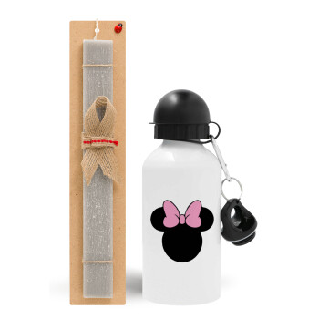 mouse girl, Πασχαλινό Σετ, παγούρι μεταλλικό  αλουμινίου (500ml) & πασχαλινή λαμπάδα αρωματική πλακέ (30cm) (ΓΚΡΙ)