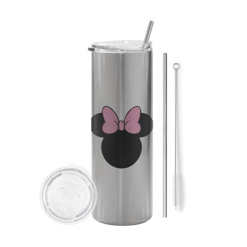 mouse girl, Eco friendly ποτήρι θερμό Ασημένιο (tumbler) από ανοξείδωτο ατσάλι 600ml, με μεταλλικό καλαμάκι & βούρτσα καθαρισμού