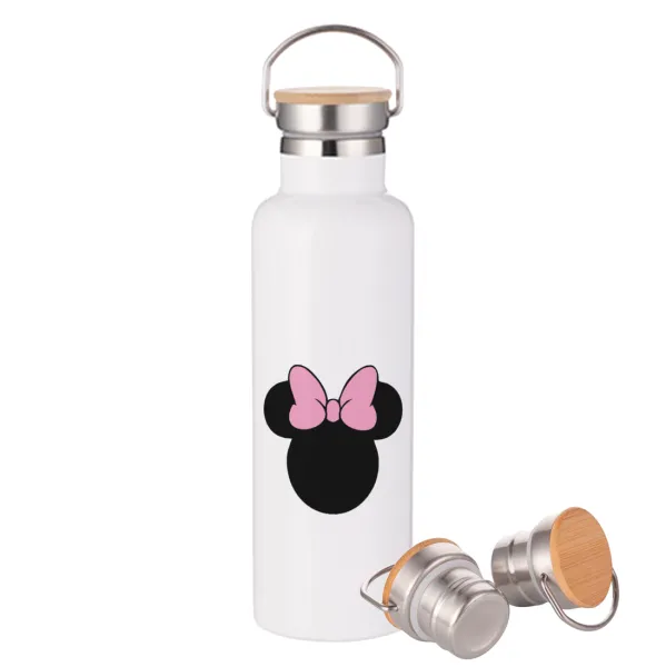 mouse girl — Μεταλλικό παγούρι θερμός (Stainless steel) Λευκό με ξύλινο καπάκι (bamboo), διπλού τοιχώματος, 750ml